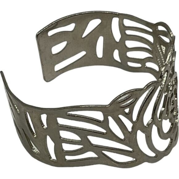 Floral Cutout Adjustable Cuff Bracelet Silver Tone - Picture 5 of 6